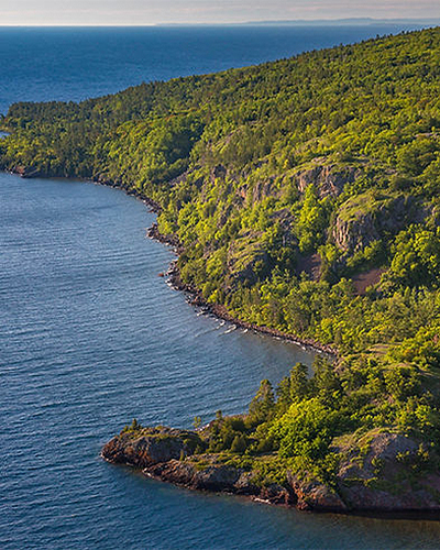 aerial view of gros cap peninsula on lake superior shore